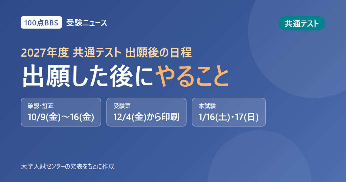 共通テスト、出願した後にやること 10月9日から内容の確認・訂正、受験票は12月4日から