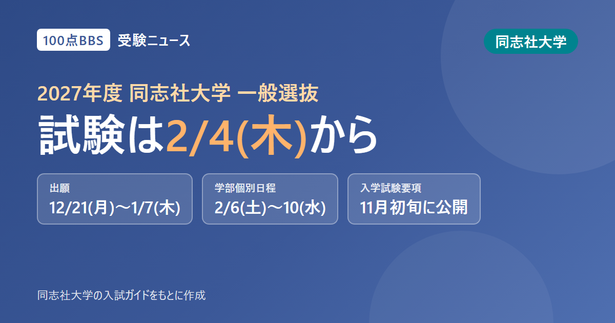 同志社大学の2027年度一般選抜、出願は12月21日〜1月7日 試験は2月4日から、入学試験要項は11月初旬に公開