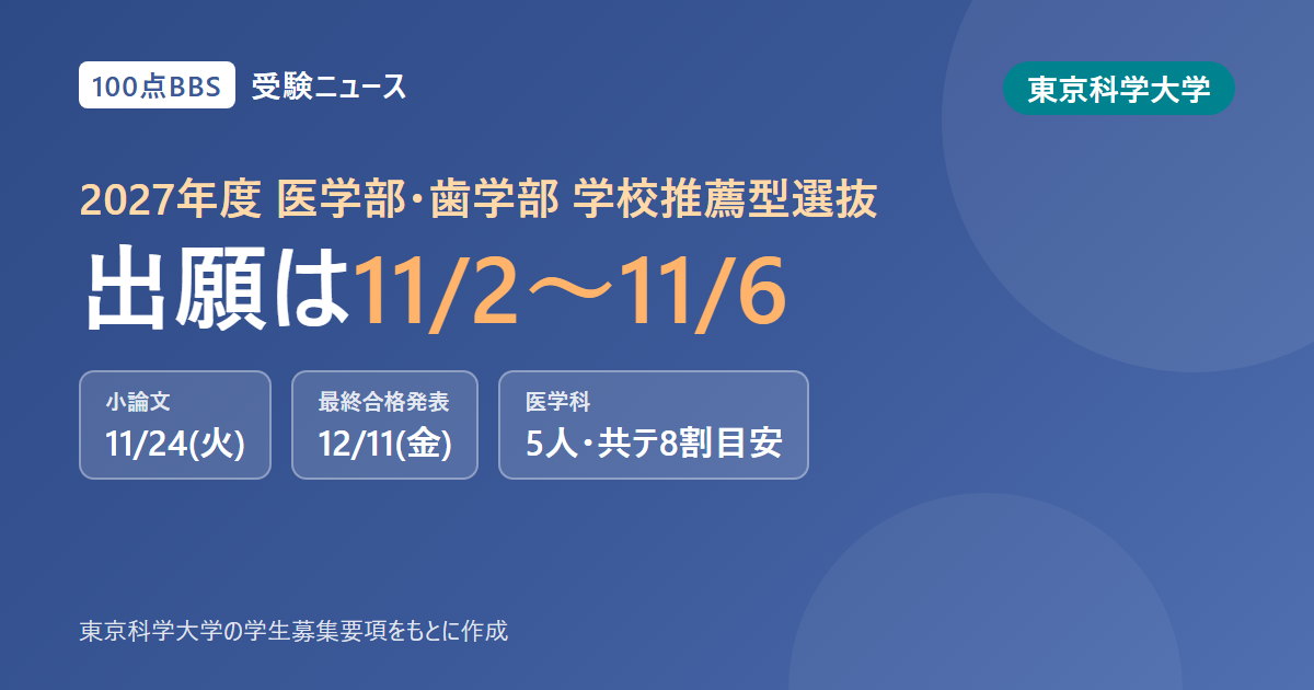 東京科学大学 医学部・歯学部の学校推薦型選抜、出願は11月2日〜6日 医学科は5人、共通テスト8割が合格の目安