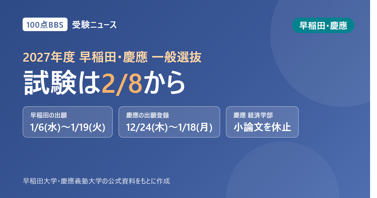 早稲田・慶應の2027年度一般選抜、日程まとめ 早稲田は1月6日〜19日、慶應は12月24日から出願登録